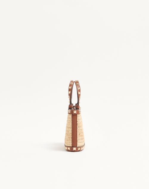 Valentino Garavani - Mini Rockstud Shopping Bag In Raffia - Natural/saddle Brown - Woman - Totes